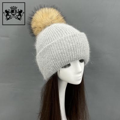 China COMMON high quality unisex adult unisex detachable raccoon fur pom knitted beanie hats angora warm custom for sale