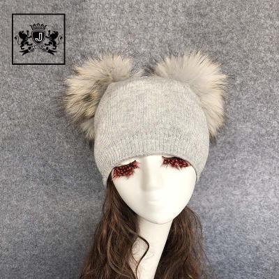 China Women's Winter Beanie Custom Knitted Warm Wool COMMON Beanie Hat With Double Pom Pom for sale