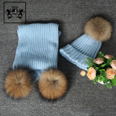 China Fashion Medium Winter Knitted Scarf Set With Hat/Hade Made Real Raccoon Fur Pom Pom Scarf Many Color For Choose for sale