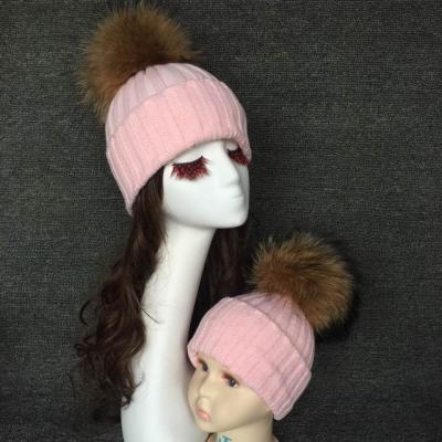 China COMMON Wholesale Winter Mom and Baby Kid Fur Pom Pom Matching Hats for sale