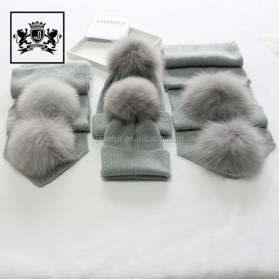 China Cute Raccoon Fur Pom Common Good Quality Kids Beanie And Scarf Wool-acrylic Winter Hats for sale