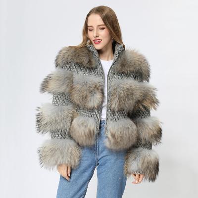 China Breathable Short Real Raccoon Fur Coat Winter Janefur Knitted Woolen Jacket For Women for sale