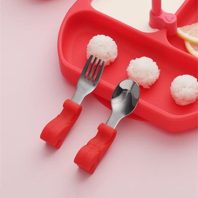 China 316 Stainless Steel Fork Spoon Set Stainless Steel Children's Silicone Short Handle Fork Spoon Set Cartoon Spoon Baby Learn To Eat Training Tableware Set for sale