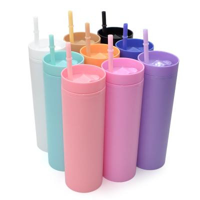 China Wholesale 16oz Matte Pastel Colored Acrylic Skinny Tumbler Cups Double Wall DIY BPA Viable Plastic Water Bottle FREE for sale