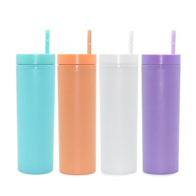 China Double Wall 16OZ Disposable Acrylic Matte Colored Tumblers Skinny Straight Plastic Pastel Tumblers With Straw for sale