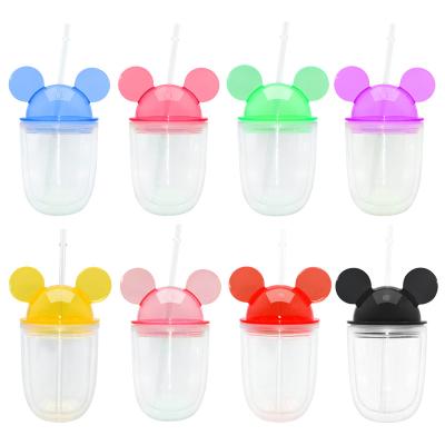 China Wholesale 16oz Mickey Mouse Double Wall Plastic Cute Disposable Tumbler Mug Ear Head Colorful Cup With Lid And Dome Straw for sale