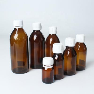 China Eco-Friendly 30ML 60ML 100ML 150ML 200ML Amber Round Pharmaceutical Glass Bottle With Plastic Cap for sale