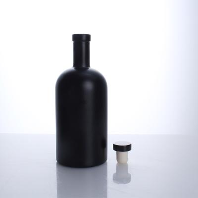 China Eco-Friendly Wholesale Black Round Brandy Gin Rum Vodka Tequila Liquor Glass Classic Empty Bottle With Cork Stopper for sale