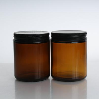 China Glass Jar For Cosmetic Detergent Packaging Wholesale 8oz 250ml Round Shape Facial Amber Glass Cream Jar With Black Screw Lid for sale