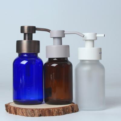 China Eco Friendly 250ml Wide Mouth Amber / Blue Glass Foam Soap Dispenser With Stainless Steel Pump for sale