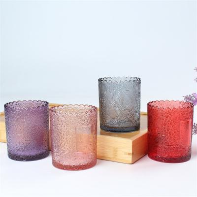 China Christmas Frosetd Heat Resistant Color Round Empty 300ml Glass Candle Jars for sale