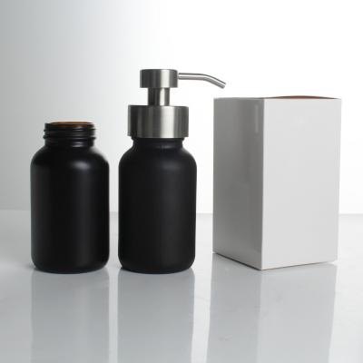 China Personal Care 250ml 8OZ Matte Black Glass Lotion Pump / Foam Pump Bottle Soap Dispenser 250 With Metal Ribbon /Black Pump for sale