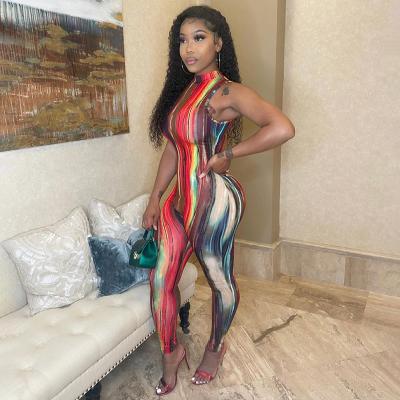 China Bodycon Jumpsuit Women Fashion Stripe Pattern Print Breathable Long Jumpsuits Sleeveless Casual for sale