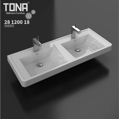 China Soft New Design Bathroom Double Sink Rectangle White Marble Countertop Wash Basin for sale