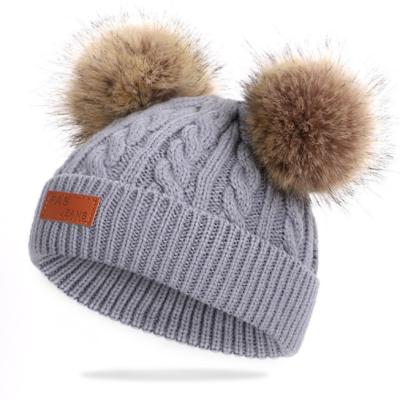 China JOINT Cute Winter Mom Women Baby Kids Crochet Knitted Hat Wool Fur Flip Ball Pompom Beanies Hat for sale