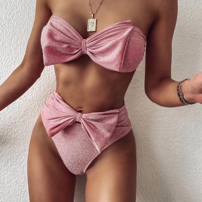 China Custom Made Breathable Summer Red Two Piece Bikini Set Sexy Mini High Elasticity Bronzing Big Bow Tankini Women for sale