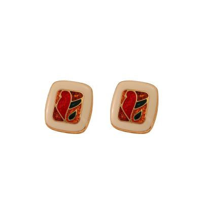 China Vintage French retro square colored oil painting earrings, high-end, luxurious and exquisite silver needle  fashion earrings for sale