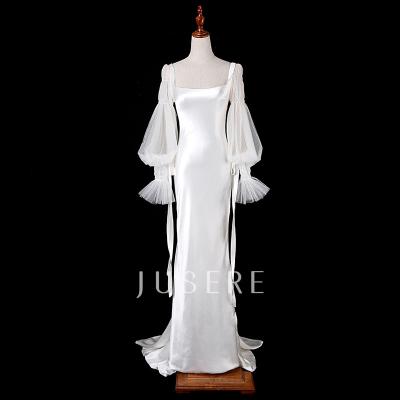 China New Design Square Neckline Anti-Static Sheath Long Simple Design Line Up Wedding Dress Satin Wedding Dress for sale