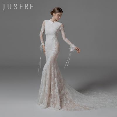 China Long sleeves wedding dress 2021 mermaid trumpet lace wedding dress high collar anti-static elegant new arrival for sale