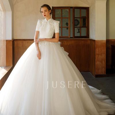 China New Design High Collar Anti-Static Short Sleeves Lace Applique Beaded Ruffles A Line Wedding Dress Bridal Gown for sale