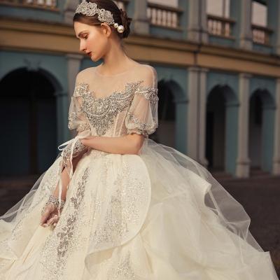 China Latest Princess Wedding Breathable Sparkle Luxury Ball Gowns Illusion Scoop Wedding Dresses Appliques c for sale