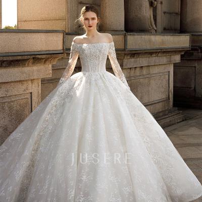 China New design anti-static off the shoulder long sleeves heavy beaded skirt of the beautiful big a line wedding dress wedding dress for sale