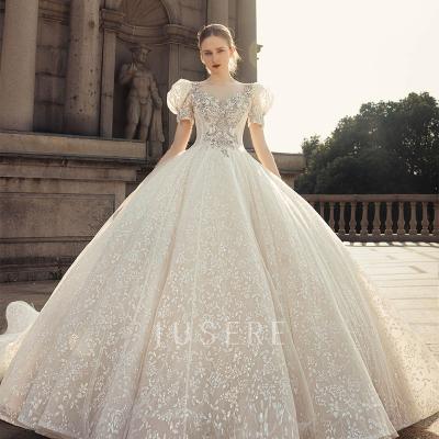 China New Design Vintage Scoop Neckline Anti-Static Short Sheaths Heavy Beaded Sparkly Ball Gown Wedding Dress With Skirt for sale