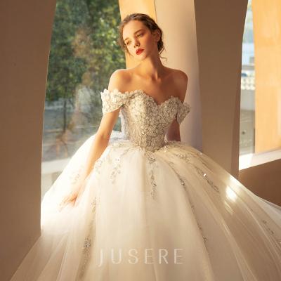 China Latest Anti-Static Bridal Beaded Ball Gowns Flower Appliques Princess Wedding Dresses Off-Shoulder Sweetheart Lace Up Wedding Gowns for sale