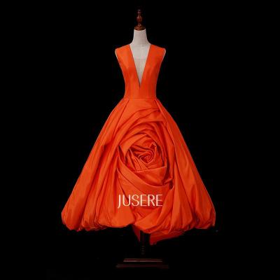 China New Collection Anti-Static Orange Deep Neck Ankle Length V Line Party Dress Satin Dress For Girl for sale