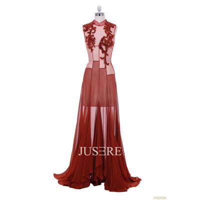 China High Collar Elegant Red Anti-Static Applique Illusion Skirt Sweep Train Line Evening Dress Belle Prom Dress Ready To Ship for sale