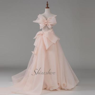 China New Design Anti-Static Strapless Bow Simple Elegant Beautiful Line Evening Dress Fairy Pink Beads Party Dress for sale