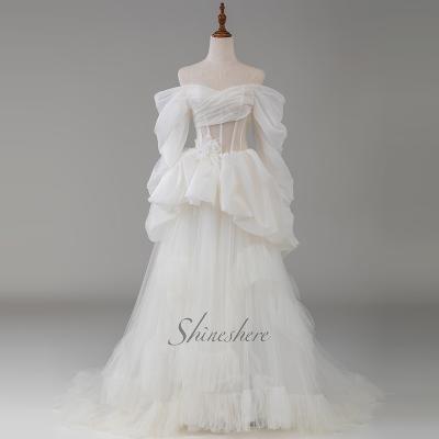 China New Anti-Static Design Off The Shoulder Pleated Bodice Ruffles A Line Wedding Dress Bridal Gown for sale