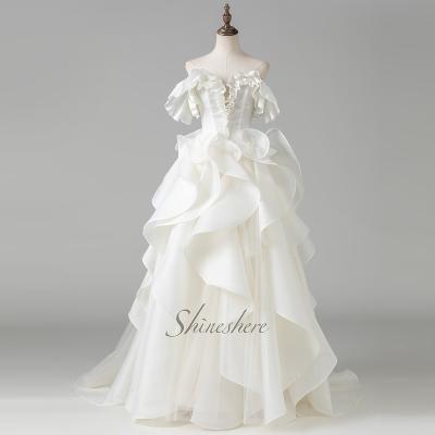 China New design anti-static strapless v neckline beautiful ruffles line organza wedding dress beautiful wedding dress for sale