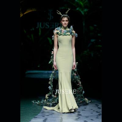 China Jusere design green color mermaid trumpet minimalist evening dress high fashion catwalk anti-static collar for sale