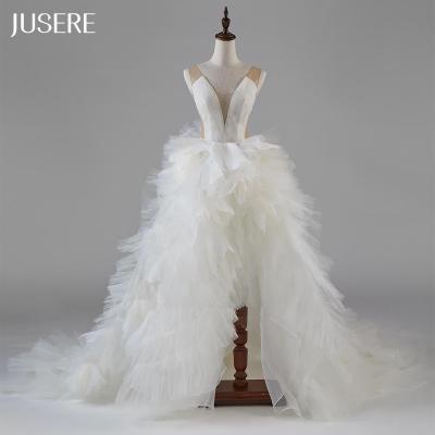 China New design anti-static plunging v neck pleated bodice ruffles edge high split ball gown wedding dress beach styles wedding dress for sale