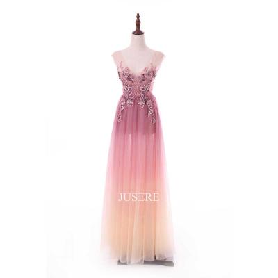 China Anti-Static Ombre v neck appliques beaded line low v evening dress party dress ready to ship for sale