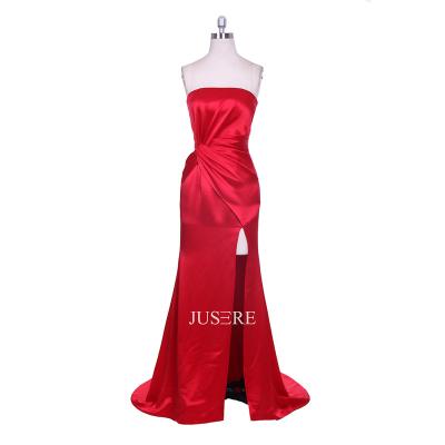 China Red High Slit Satin Trumpet Mermaid Prom Dress Evening Dress Anti-Static Sexy Strapless Formal Dress Ready To Ship for sale