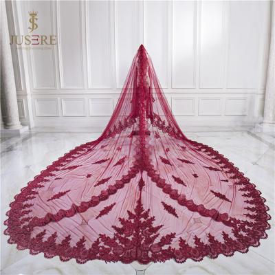 China Lace Long Edge Red Cathedral Wedding Bridal Veil With Lace Pattern On The Center And Hem Red Veil Suit for sale