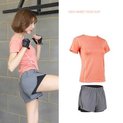 China Outdoor two-piece gray short sleeve shorts fitness sports suit women + elite version breathable Korean short sleeve sportswear for sale