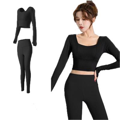 China Breathable Women's Running Fitness Use Black Series Long Sleeve Two Piece Yoga Back Beauty Running Sportswear for sale