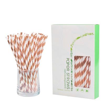 China Wholesale Custom Disposable Printed Paper Straws Rose Gold Silver Striped Waterproof Drinking Straws Eco Friendly Paper Stripes for sale