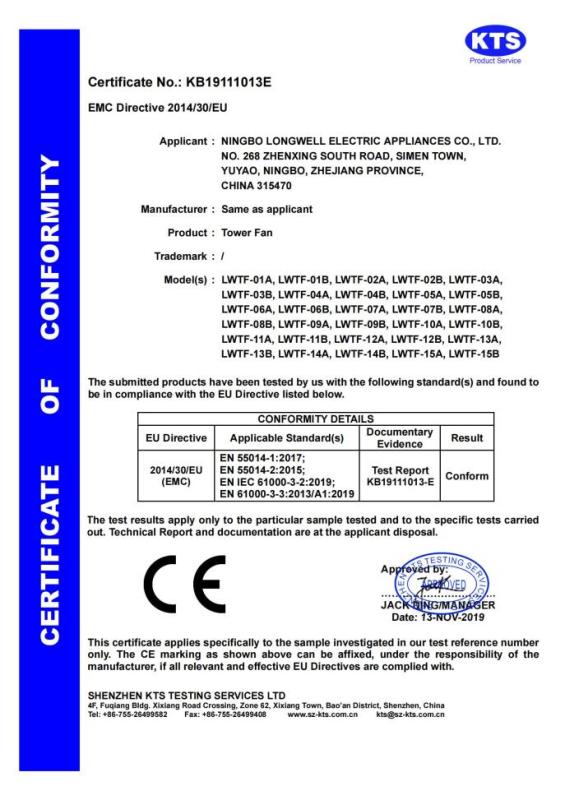 CE - Ningbo Longwell Electric Appliances Co., Ltd.