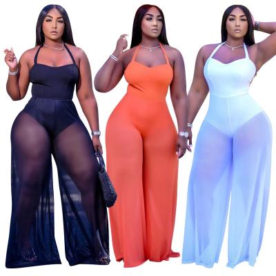 China Sheer Viable Patchwork Mesh Romper For Women Lace Up Sleeveless Halter Top Plus Size Women Sexy Backless Casual Loose Wide Leg Pants for sale