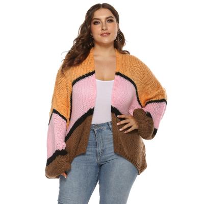 China Autumn Woman Breathable Cardigan Spring Long Sleeve Knit Contrast Loose Splice Warm Jacket Plus Size Sweater Women Coat Fat for sale