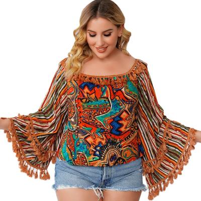 China Retro Tassel Style QUICK DRY QUICK DRY One-Shoulder Flared Print European and American Striped Sleeve Plus Size Women's Blouses and Shirts for sale