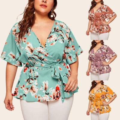 China 2021 Hot Sale Fashionable QUICK DRY Luxury Elegant Floral V-Neckline Floral Ladie Shorts Plus Size Women's Blouses And Shirt With Bow for sale