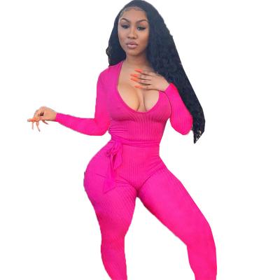 China Autumn Women V Waist QUICK DRY Beautiful Deep QUICK DRY Neckline Long High Sheath Belted Bodycon Rib Pants Yoga Rompers One Piece Overall for sale