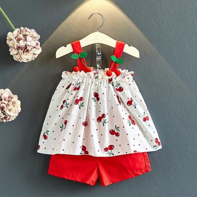 China Breathble Cherry Summer Kids Comfortable Soft Bridle Sets Cute Upper And Comfortable Two Piece Shorts Girl for sale