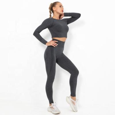 China Breathable High Waisted Long Sleeve 2pcs Women Clothing Tight Fitness Leggings Seamless Yoga Set for sale