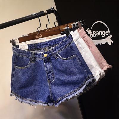 China Jean shorts breathable female 2021 summer new Korean version of the casual women's high waist exposure slightly ripped jeans wholesale for sale